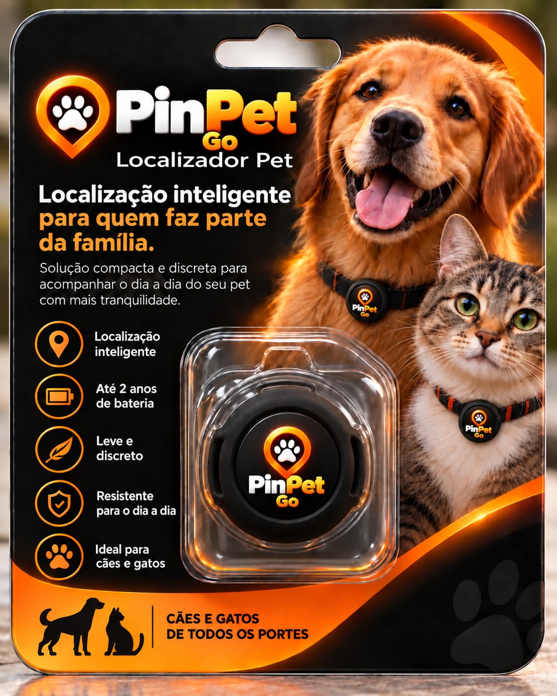 Embalagem PinPet Go com o localizador, um cão e um gato